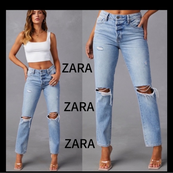 Zara High Rise Blue Distressed Jeans - Picture 1 of 13